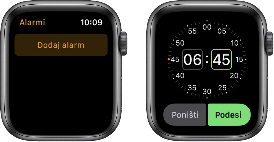 Dva zaslona sata koji pokazuju postupak dodavanja alarma: Dodirnite Dodaj alarm, dodirnite AM (ujutro) ili PM (poslijepodne), okrenite Digital Crown za podešavanje vremena pa dodirnite Podesi.