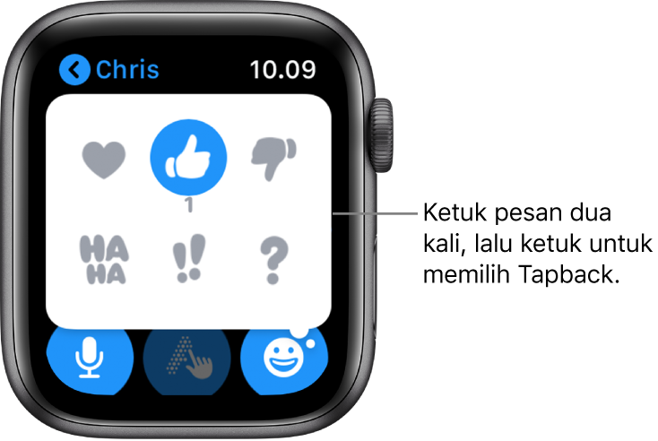 Percakapan Pesan dengan pilihan Tapback: hati, jempol ke atas, jempol ke bawah, Ha Ha, !!, dan ?.