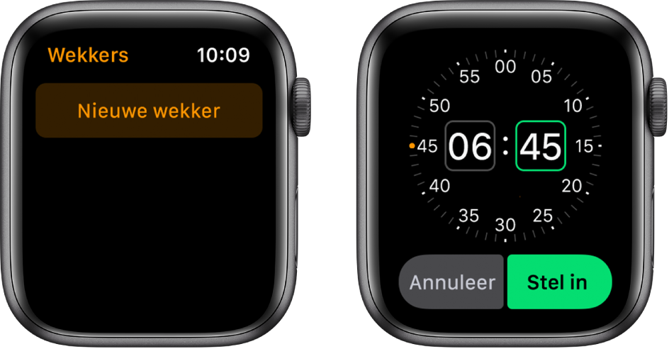 Twee Apple Watch-schermen waarin te zien is hoe je een wekker instelt: Tik op 'Nieuwe wekker', tik op 'a.m.' of 'p.m.' (indien aanwezig), draai de Digital Crown om het tijdstip aan te passen en tik op 'Stel in'.