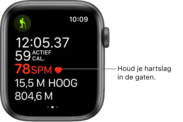 Een scherm met work-outgegevens, zoals de verstreken tijd en de hartslag. Het bijschrift luidt: "Houd je hartslag in de gaten."