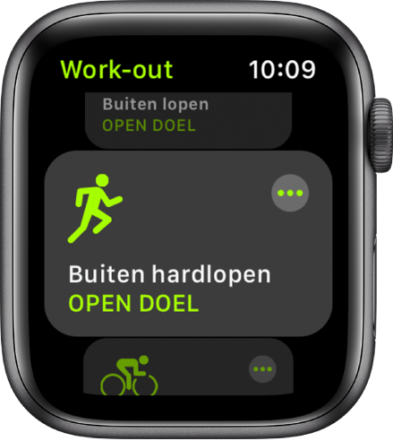 Het Work-out-scherm met de work-out 'Buiten hardlopen' geselecteerd.