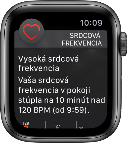 Upozornenie ma srdcovú frekvenciu, ktoré indikuje vysokú srdcovú frekvenciu.