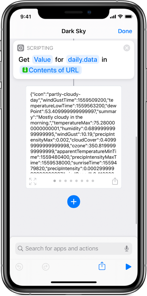 Kurzbefehleditor mit der Aktion „Wörterbuchwert abrufen“ und dem auf „data“ eingestellten Schlüssel.