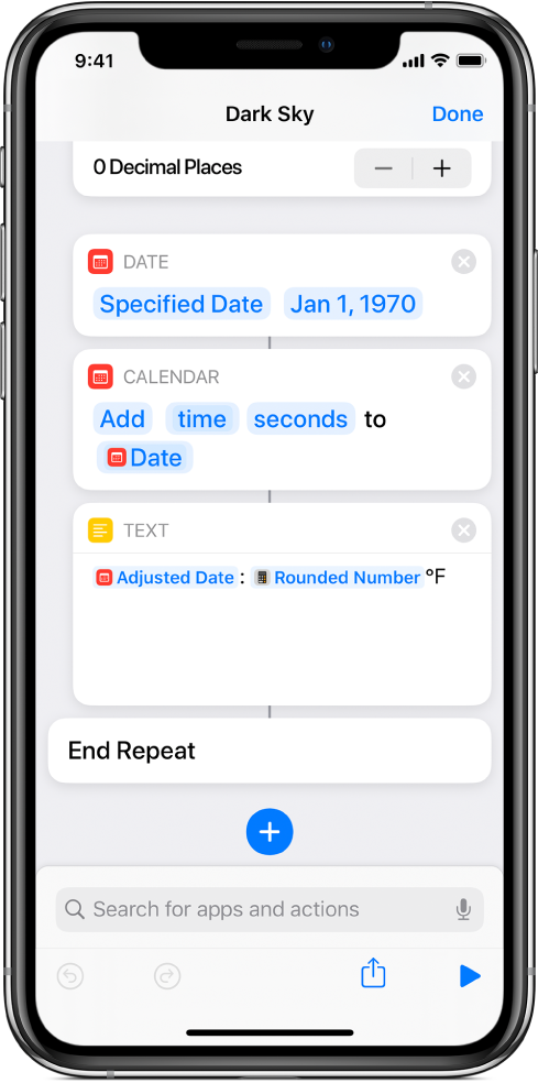 Date action, Adjust Date action and Text action in the shortcut editor, with Variables applied.