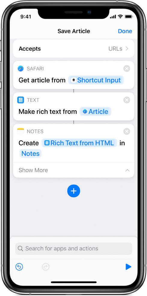 Actions shown in the shortcut editor.