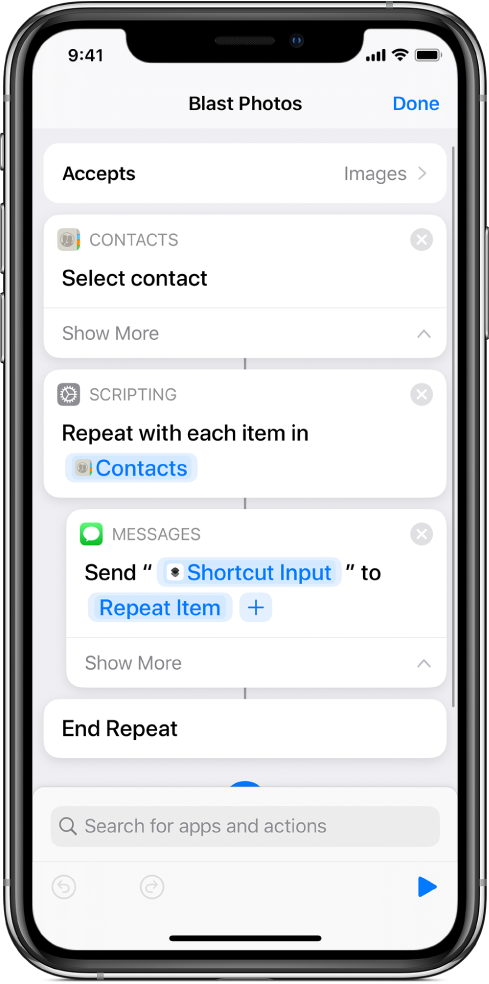 Example shortcut showing “Repeat” actions.