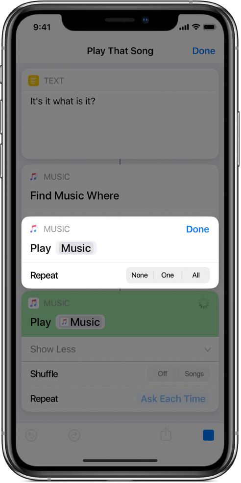 Running shortcut showing prompt to choose a Repeat parameter.