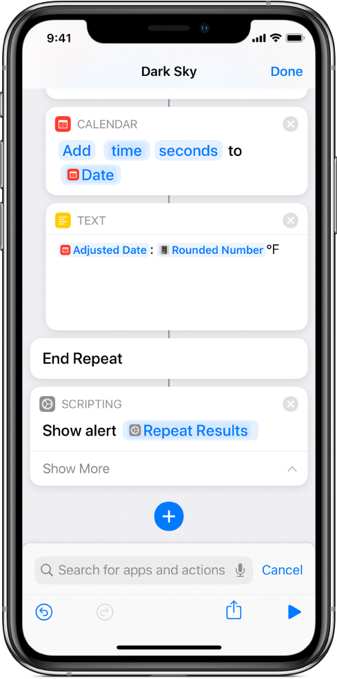 Show Alert action with a Repeat Results variable in the body of the alert’s message.