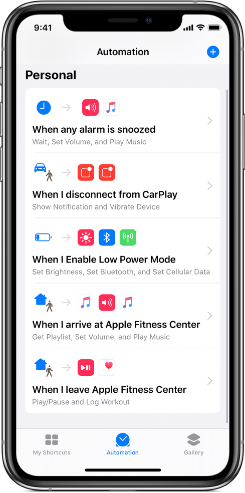 Personal automation list in Shortcuts.