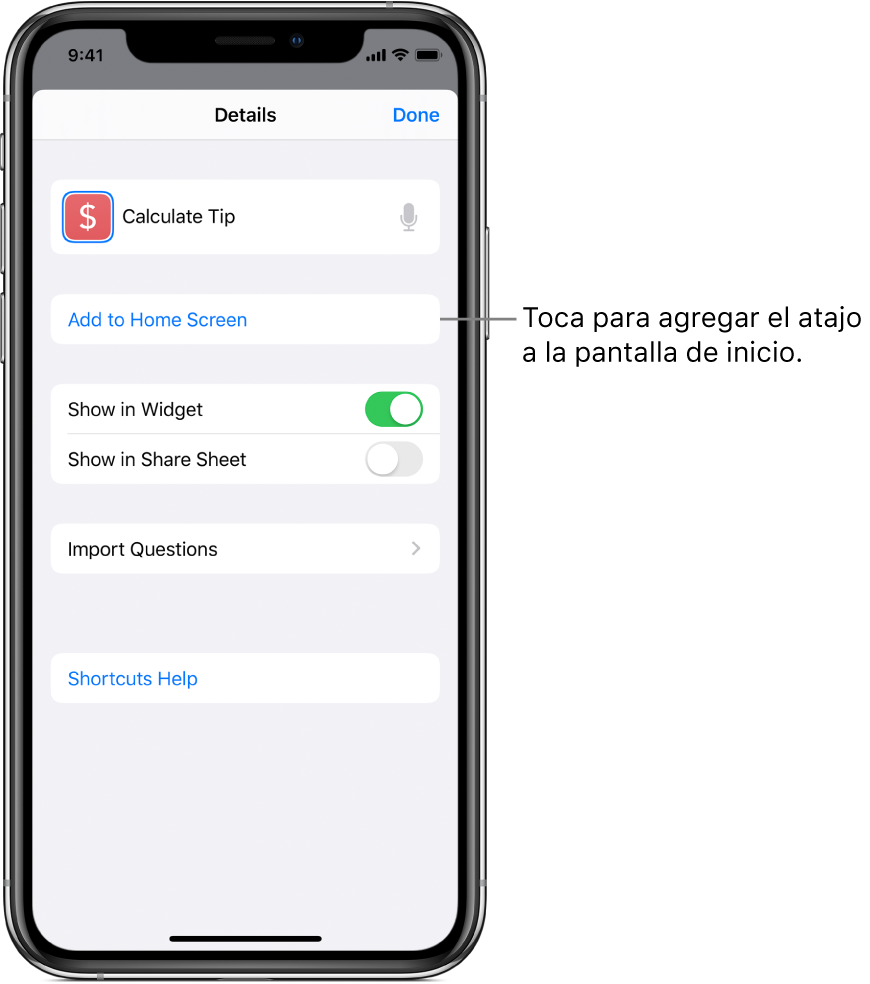 La pantalla Detalles de la app Atajos mostrando "Agregar a pantalla de inicio".