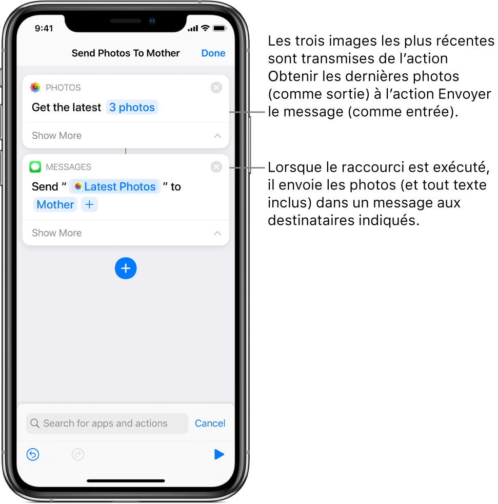 Un raccourci contenant l’action « Obtenir les dernières photos » et l’action « Envoyer le message ».