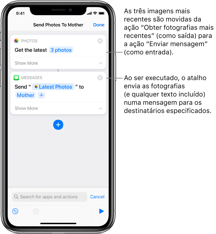 Atalho com uma ação “Obter fotografias mais recentes” e uma ação “Enviar mensagem“.