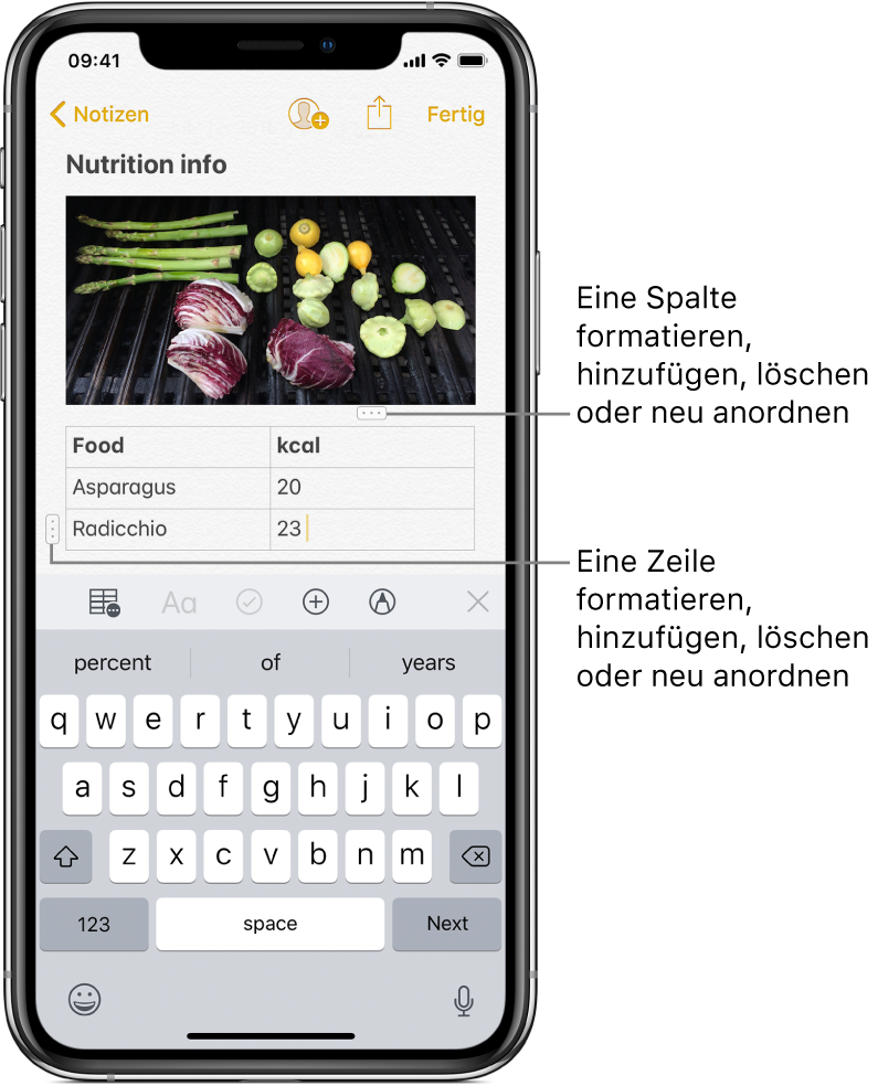 Eine Notiz mit einer Tabelle. Ganz oben in jeder Spalte befindet sich der Aktivpunkt, auf den du tippen kannst, um die Spalte zu formatieren, zu löschen oder neu anzuordnen oder um eine neue Spalte hinzuzufügen. Analog wird zu Beginn einer Zeile ein Aktivpunkt für die jeweilige Zeile angezeigt.