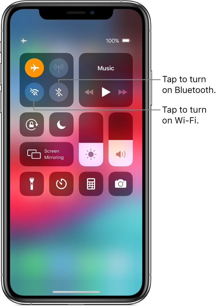 Control Center with airplane mode on, with callouts explaining that tapping the bottom-left button in the top-left group of controls turns on Wi-Fi and tapping the bottom-right button in that group turns on Bluetooth.