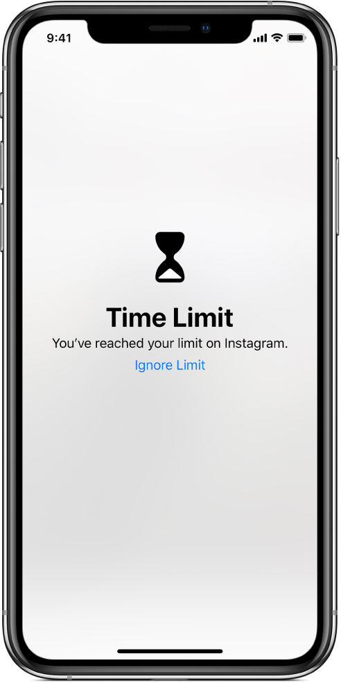 A screen showing a Time Limit alert that one hour has been spent on Instagram today. Below the alert is an Ignore Limit button.