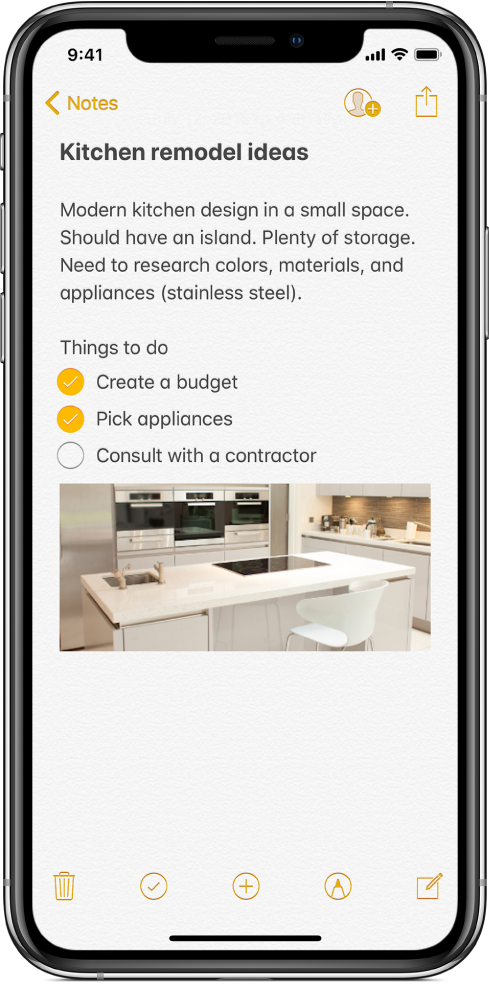 A note showing text for kitchen remodeling ideas and a to-do checklist. There are buttons to collaborate with other people on the note and to share the note. There are buttons at the bottom to delete the note, start a checklist, add an attachment, add markup, and create a new note.