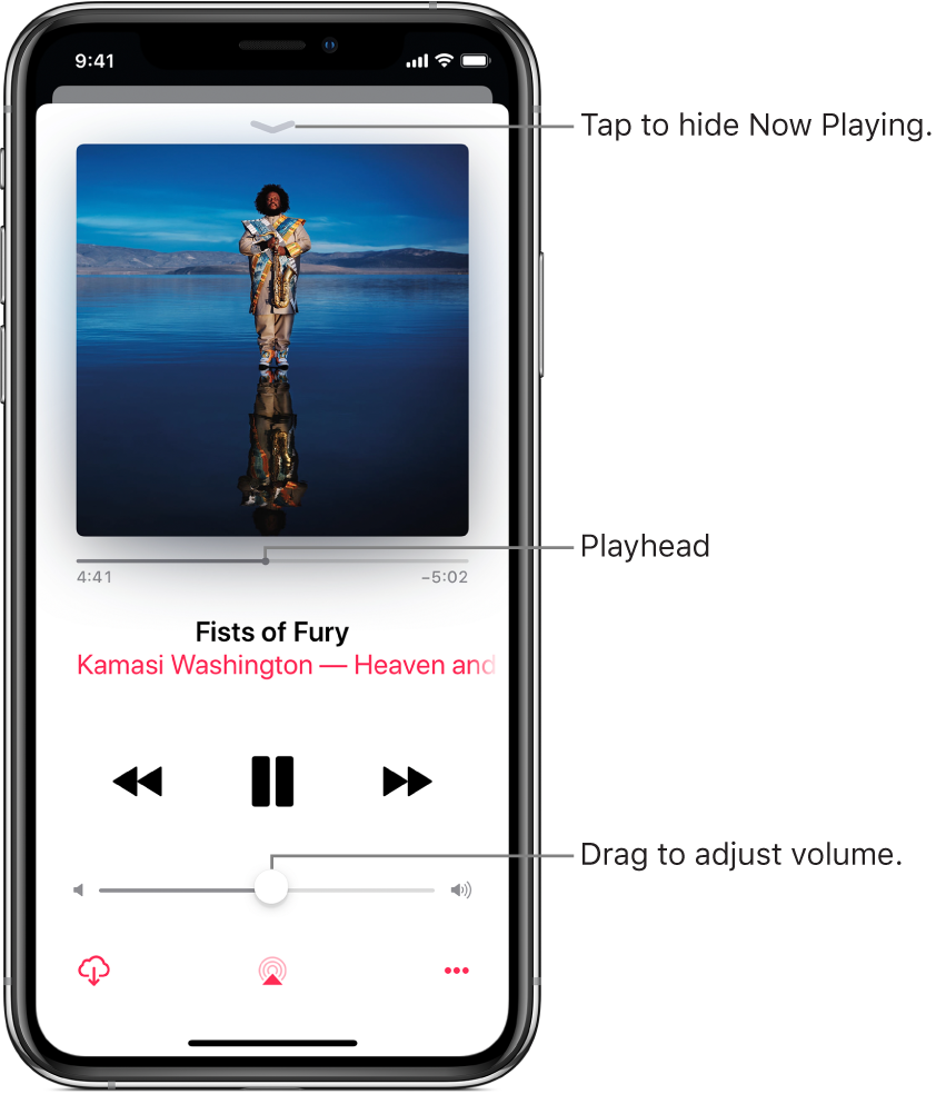 The Now Playing screen showing the album art. Below are the playhead, song title, artist and album name, play controls, Volume slider, Download button, Playback Destination button, and More button. The Hide Now Playing button is at the top.