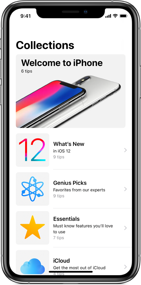 A screen showing collections of Tips with right arrows indicating that you can tap a collection to view the tips in it.
