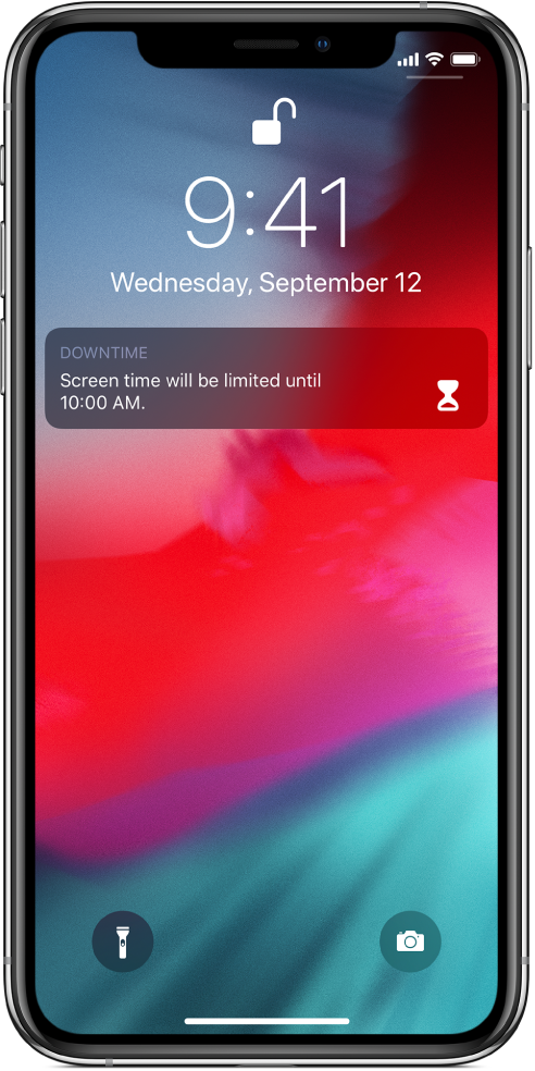 The iPhone Lock screen showing a Downtime notification that Screen time is limited until 10:00 a.m.