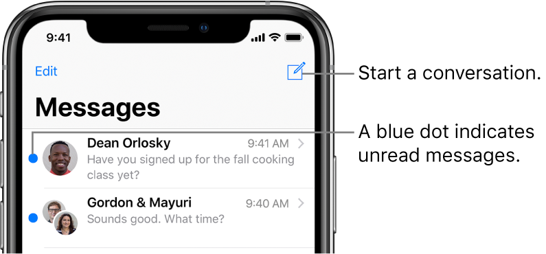 The Messages list, with the Edit button at the top left and the Compose button at the top right. A blue dot to the left of a message indicates it’s unread.