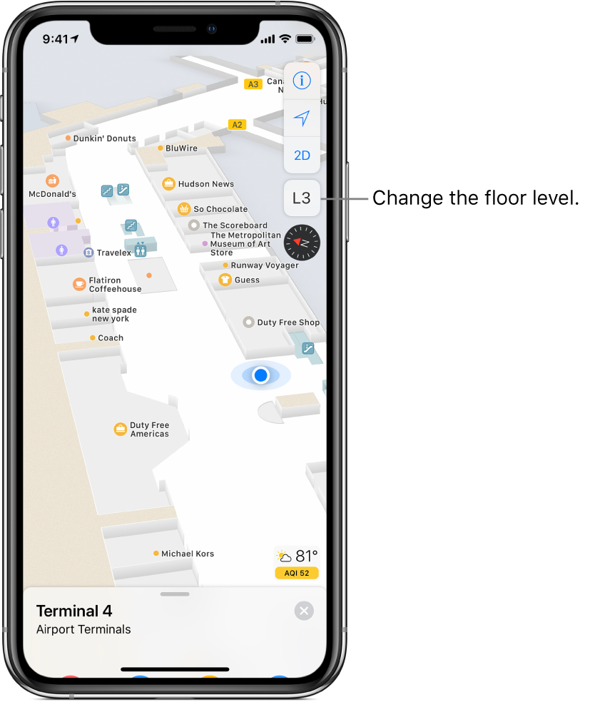 An indoor map of an airport terminal. The map shows several locations, including boarding gates, restrooms, and a security checkpoint. At the bottom of the screen, a card lists the gates at terminal A.