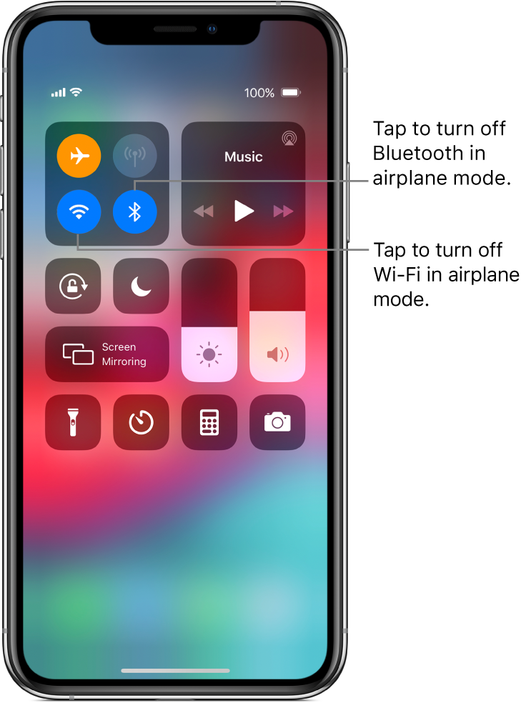 Control Center with airplane mode on, with callouts explaining that tapping the bottom-left button in the top-left group of controls turns off Wi-Fi and tapping the bottom-right button in that group turns off Bluetooth.