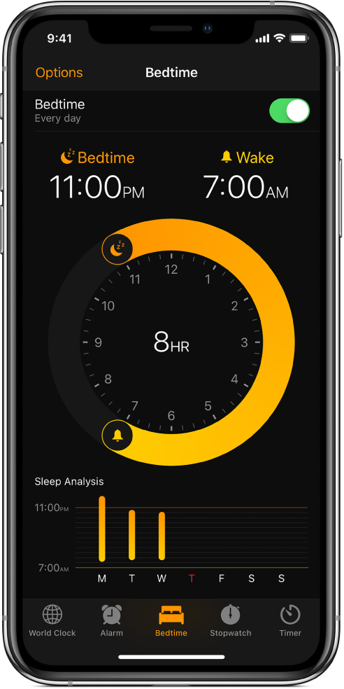 The Bedtime tab, showing the sleep time starting at 11 PM and the wake time set at 7 AM.