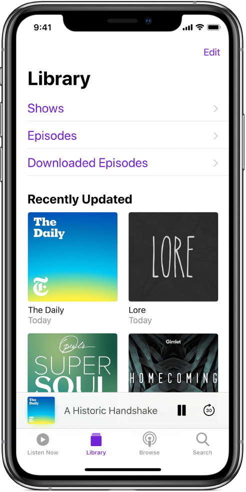 The Library tab showing recently updated podcasts.