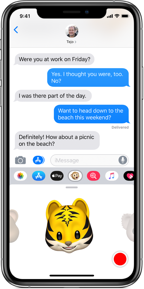 A Messages conversation with an Animoji selected and ready to be recorded before being sent.