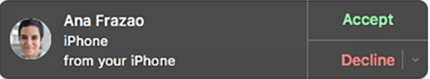 Notification on a Mac showing the face and name of the caller on the left and buttons on the right to accept or decline the call