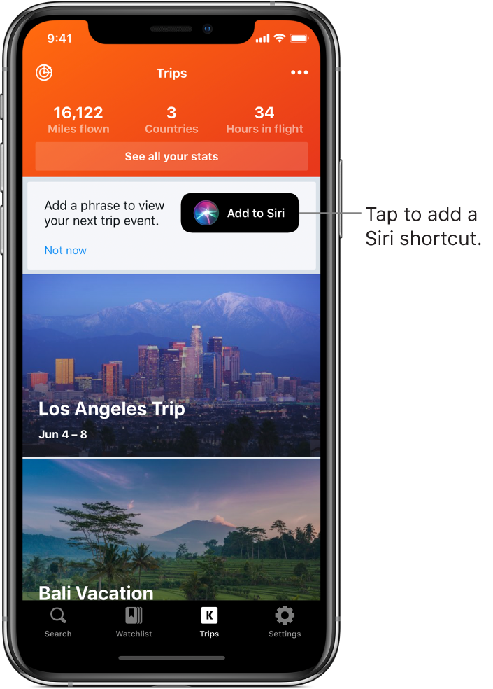 The screen for an app listing upcoming trips. An Add to Siri button appears on the right near the top of the screen.