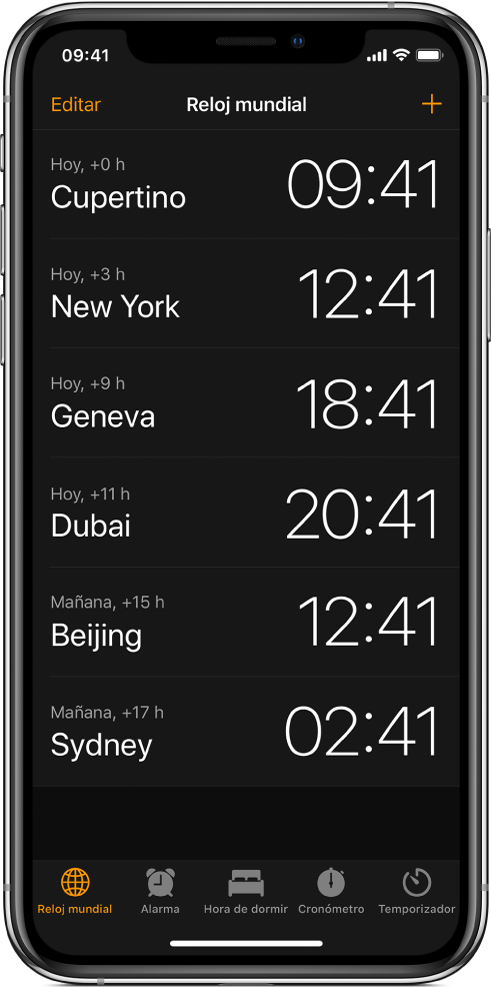 La pestaña "Reloj mundial" mostrando la hora en varias ciudades. Toca Editar en la parte superior izquierda para acomodar los relojes. Toca el botón Agregar en la esquina superior derecha para agregar más. Los botones Alarma, "Hora de dormir", Cronómetro y Temporizador están en la parte inferior.