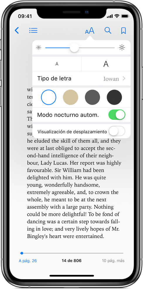 El menú Aspecto con controles (de arriba hacia abajo) para el brillo, el tamaño de la letra, el tipo de letra, el color de página, modo nocturno automático y el desplazamiento.