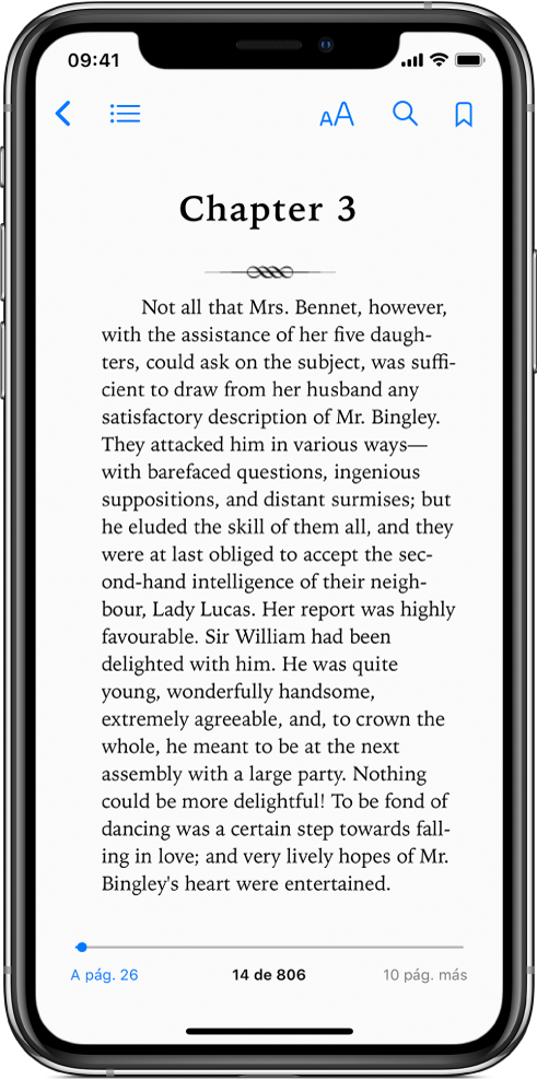 La página de una libro abierta en la app Libros con botones en la parte superior de la pantalla; de izquierda a derecha son para cerrar el libro, ver la tabla de contenidos, cambiar el texto, buscar y marcar. En la parte inferior de la pantalla hay un regulador.