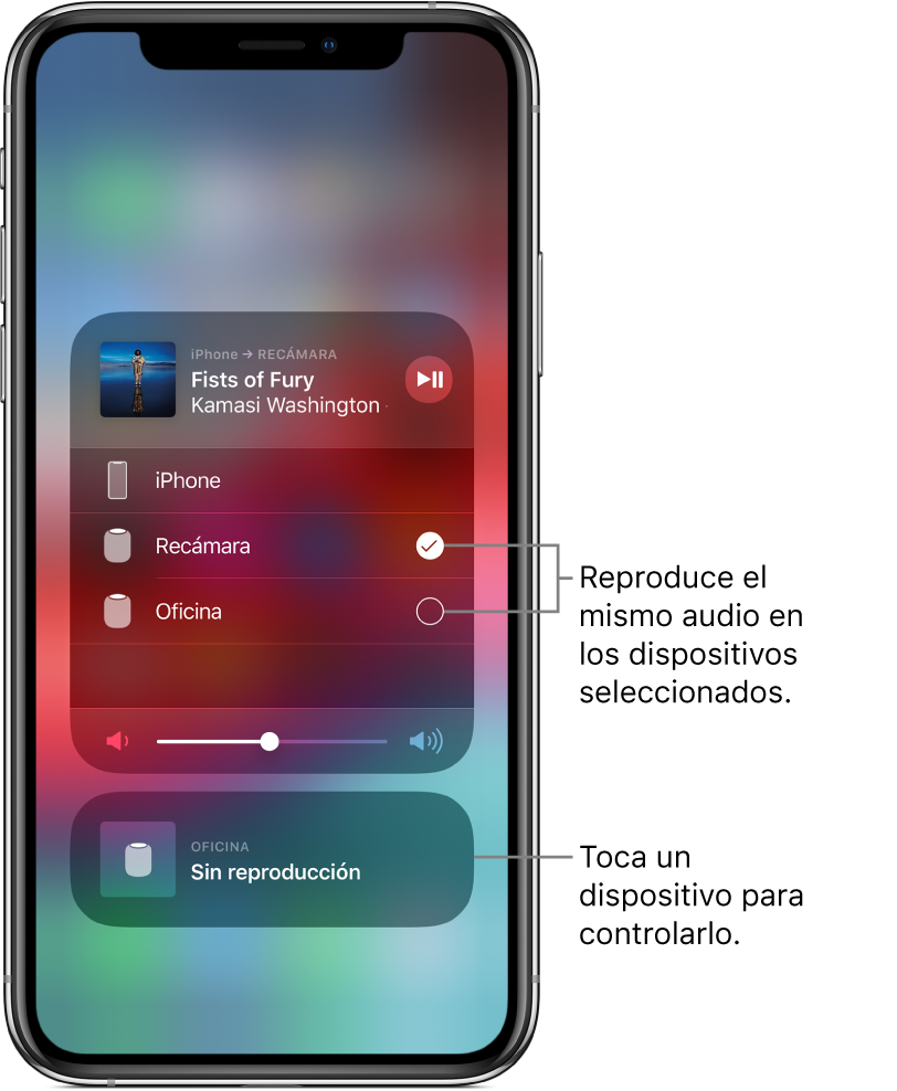 Una pantalla de AirPlay mostrando dos tarjetas. Una tarjeta de audio abierta para el iPhone en la parte superior y muestra el título y artista de una canción. Esta tarjeta muestra dos bocinas, habitación y oficina, y está seleccionada la bocina de la habitación. Un texto apunta a las dos bocinas y dice "Reproduce el mismo audio en los dispositivos seleccionados". En la parte inferior de la tarjeta abierta se encuentra el regulador de volumen. En la parte inferior de la pantalla se encuentra una tarjeta cerrada para la bocina de la oficina, que dice "Sin reproducción". Un texto apunta a la tarjeta cerrada que está en la parte inferior y dice "Toca un dispositivo para controlarlo".