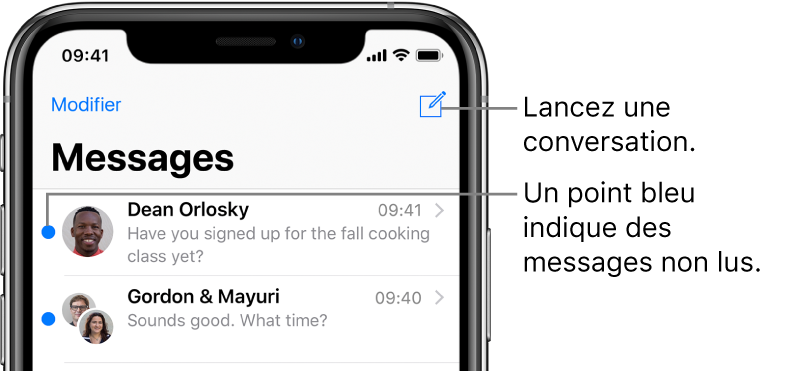 La liste Messages, le bouton Modifier en haut à gauche et le bouton Rédiger en haut à droite. Un point bleu à gauche d’un message indique que celui-ci n’a pas été lu.