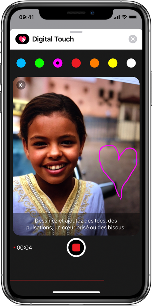 Le canevas de dessin montrant les outils de dessin Digital Touch pendant un enregistrement vidéo. Le sélecteur de couleurs se trouve en haut. Le bouton Enregistrement vidéo est situé en bas.