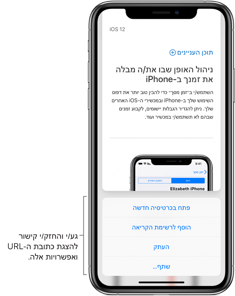 שכבת‑על המציגה תצוגה מקדימה של כתובת היעד ורשימת פעולות אפשריות: ״פתח בכרטיסיה חדשה״, ״הוסף לרשימת הקריאה״, ״העתק״ או ״שתף״.