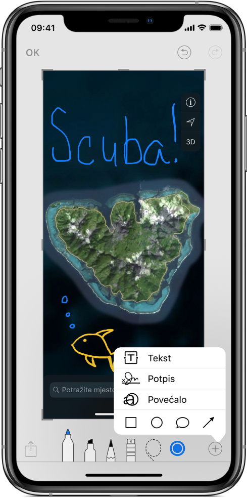 Slika karte obilježena je plavim i žutim rukopisom. Alati za crtanje i birač boja pojavljuju se na dnu zaslona. Izbornik s opcijama za dodavanje teksta, potpisom, povećalom i oblicima prikazan je u donjem desnom kutu.