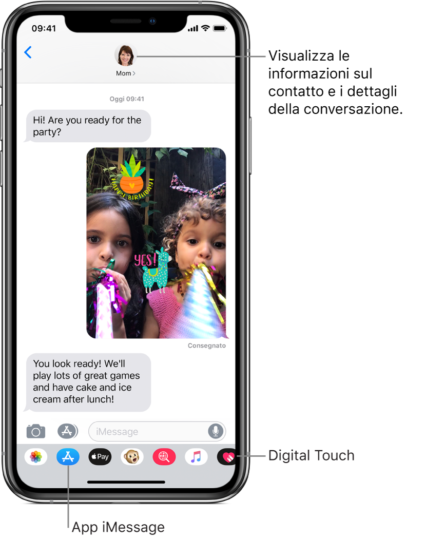 Una conversazione di Messaggi. Nella parte superiore, da sinistra verso destra, si trovano il pulsante Indietro e la foto della persona a cui stai scrivendo i messaggi. Al centro si trovano i messaggi inviati e ricevuti durante una conversazione. Lungo la parte inferiore dello schermo, sono presenti, da sinistra a destra, i pulsanti per Foto, Store, Apple Pay, Animoji, hashtag immagini, Musica e Digital Touch.