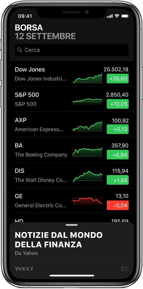 Una watchlist che mostra un elenco di titoli. In corrispondenza di ciascun titolo vengono mostrati, da sinistra a destra, il simbolo e il nome del titolo, un grafico dell’andamento e la variazione di prezzo. Il campo di ricerca si trova sopra la watchlist, nella parte superiore dello schermo. Sotto la watchlist sono presenti le notizie dal mondo della finanza, scorri verso l’alto per leggere gli articoli.
