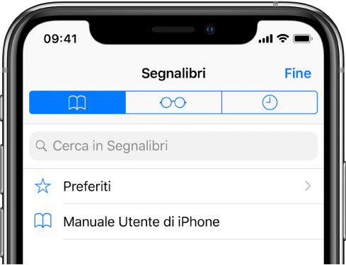 La schermata Segnalibri, con le opzioni per visualizzare i preferiti e la cronologia, oltre che i segnalibri stessi.