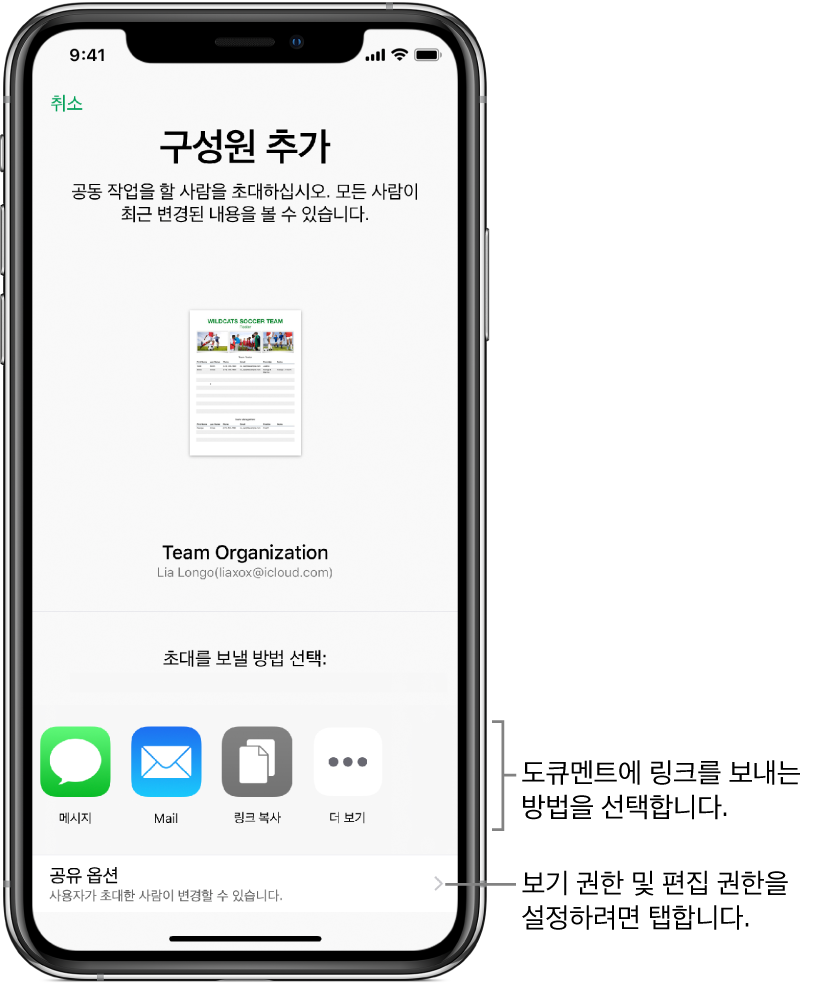 파일을 보고 편집하도록 사람을 초대하는 화면. 메시지 및 Mail을 포함하는 초대 보내기 방식. 아래에 나타나는 공유 옵션.