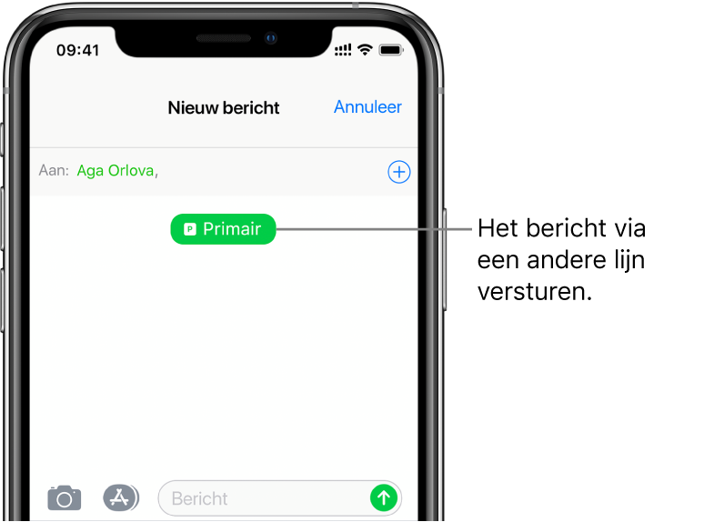 Het berichtenscherm voor een nieuw sms-/mms-gesprek. Om een bericht te versturen op de andere lijn, tik je op de lijnknop onder de ontvanger.