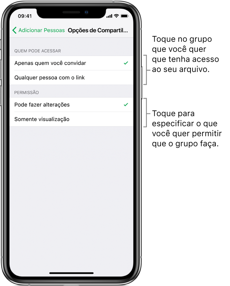 Tela Opções de Compartilhamento, mostrando as permissões que podem ser definidas para o arquivo compartilhado. Na parte superior estão opções para quem pode acessar o arquivo (somente quem você convidar ou quem tenha um link para o arquivo). Abaixo disso, as ações que você deseja permitir para essas pessoas (fazer alterações ao arquivo ou apenas visualizá-lo).