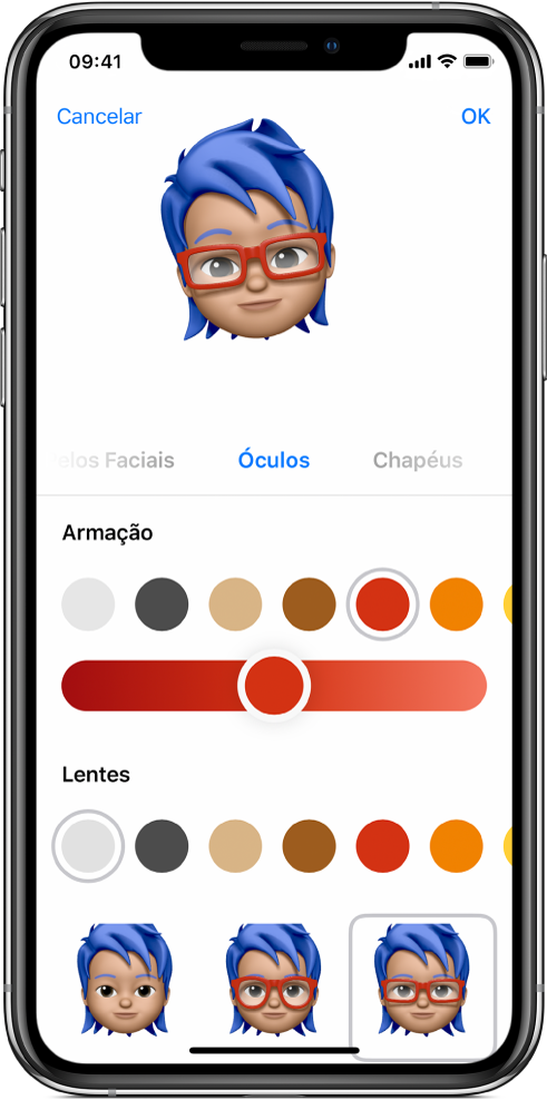 Tela de criação de um Memoji, mostrando o personagem sendo criado na parte superior, características para personalizar abaixo do personagem e, abaixo disso, opções da característica selecionada. O botão OK encontra-se no canto superior direito e o botão Cancelar no canto superior esquerdo.