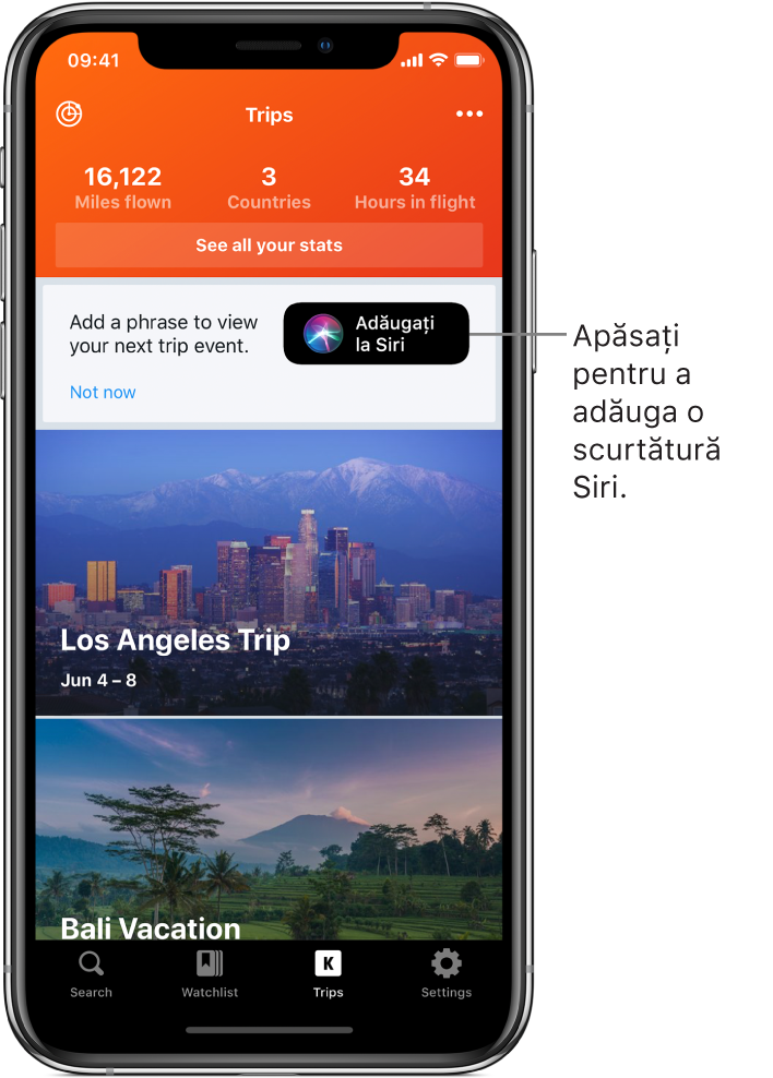 Ecranul unei aplicații listează călătoriile următoare. Butonul Adăugați la Siri apare în dreapta, aproape de partea de sus a ecranului.