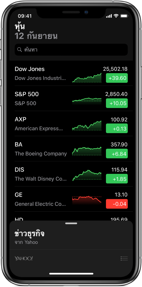 รายการหุ้นที่แสดงรายการของหุ้นต่างๆ หุ้นแต่ละตัวในรายการจะแสดงสิ่งต่อไปนี้จากซ้ายไปขวา ชื่อย่อหุ้นและชื่อ กราฟความสามารถของหุ้น ราคาหุ้น และการเปลี่ยนแปลงของราคา ที่ด้านบนสุดของหน้าจอ ด้านบนรายการหุ้น คือช่องค้นหา ด้านล่างรายการหุ้นคือข่าวธุรกิจ ให้ปัดขึ้นบนข่าวธุรกิจเพื่อแสดงเรื่อง