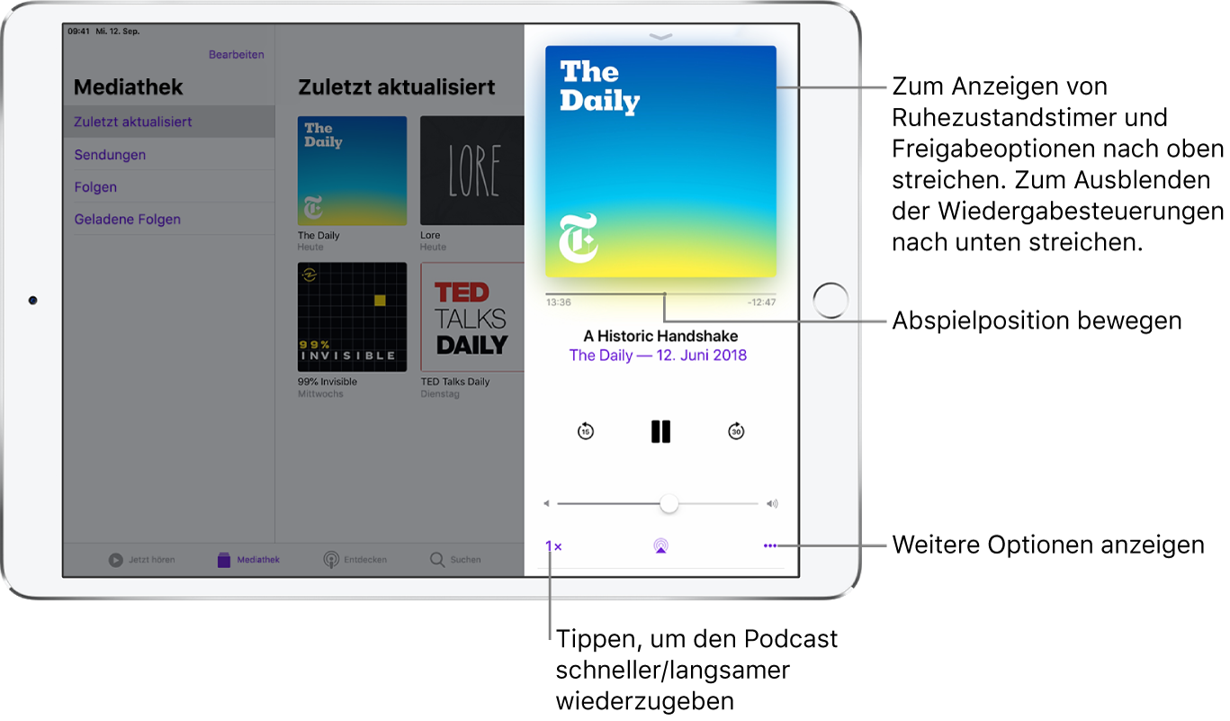 Rechts auf dem Bildschirm befinden sich die Bedienelemente für die Podcast-Wiedergabe. In der Mitte befindet sich die Taste „Wiedergabe“ bzw. „Pause“. Darunter ist das Bedienelement für die Lautstärkesteuerung zu stärken. Ganz oben befindet sich ein Schieberegler für den Vor- und den Rücklauf. In der unteren linken Ecke befindet sich das Bedienelement zum Ändern des Wiedergabetempos. Unten rechts befindet sich die Taste „Mehr“.