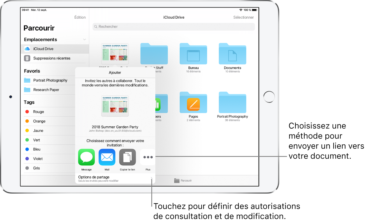 Un écran permettant d’inviter des personnes à consulter et à modifier votre fichier. Les méthodes pour envoyer l’invitation incluent Message et Mail. Les options de partage apparaissent au-dessous.